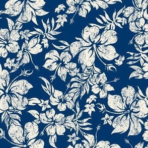 Distressed Hawaiian Hibiscus Floral- Indigo (Small Size)