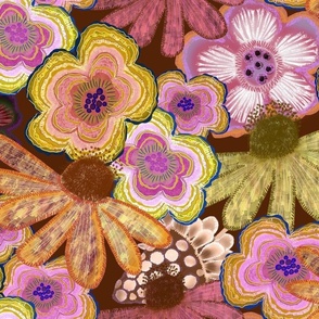 Embroidered floral with coneflower brown background