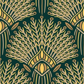 Art Deco Feathers - Dark green and bright yellow - Big Size  