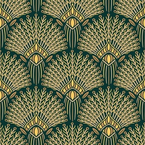 Art Deco Feathers - Dark green and bright yellow - Small Size  