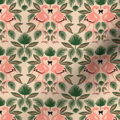 Totally Tropical Pink Flamingo Birds + Palm Leaves - Tan - MEDIUM