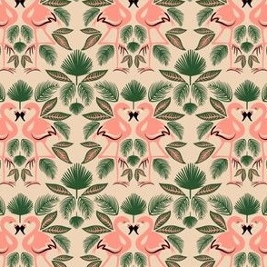 Totally Tropical Pink Flamingo Birds + Palm Leaves - Tan - SMALL
