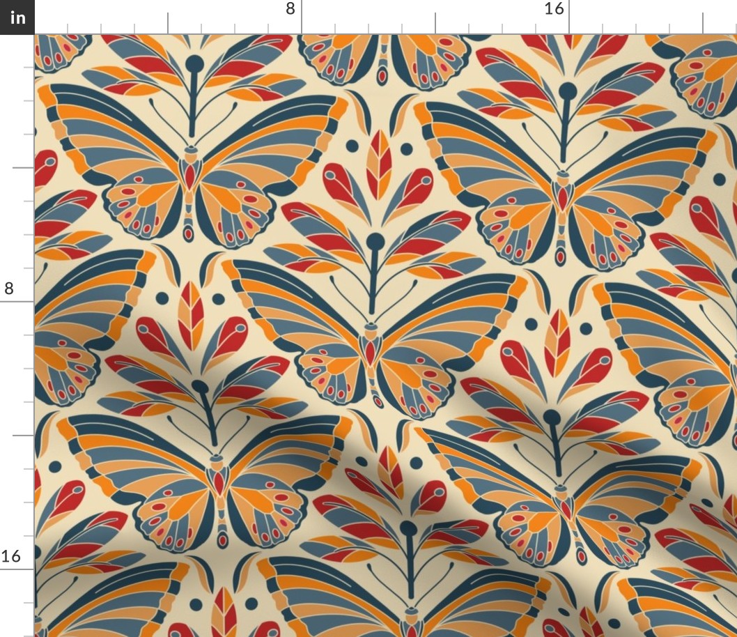 Art Deco butterflies with a retro colour palette - Red and blue - Boho Style - Medium Size