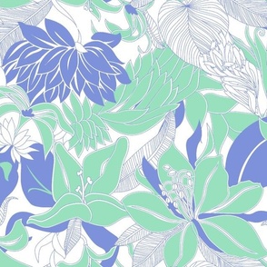 Tropical Lily and Protea Floral  - Mint and Periwinkle