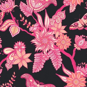 Pink Trailing Branches Indian Floral with Moths Charcoal Jumbo