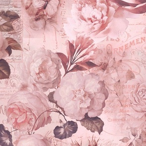 French Romance Vintage Ephemera And Flower Pattern In Blush Pink
