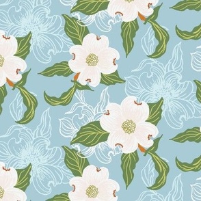 Dogwood Florals on Baby Blue and Ecru White
