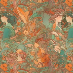 alphonse mucha goddess art in teal and orange