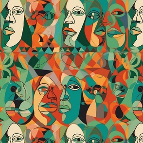 cubism bright faces in orange and red and green
