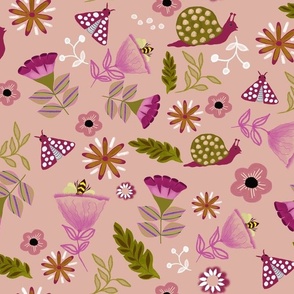 Floral feast with snails, butterflies and bees on dusky pink background