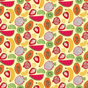Bright Colorful Tossed Tropical Fruit Hand Drawn on Soft Yellow Ground Medium