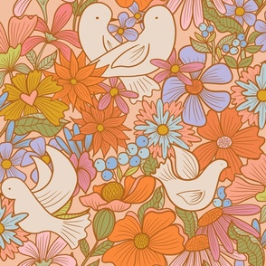 Love doves large scale seventies retro inspired floral