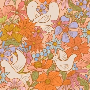 Love doves retro seventies inspired floral small scale