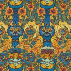 louis wain blue cats and sunflowers