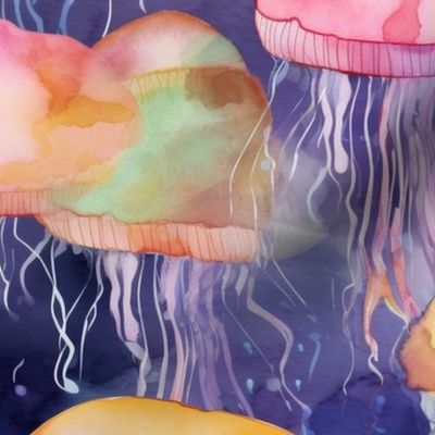 rainbow watercolor jellyfish in a purple sea