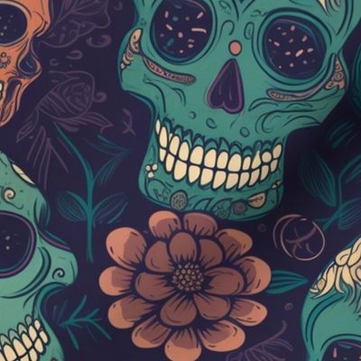 sugar skulls in teal and orange