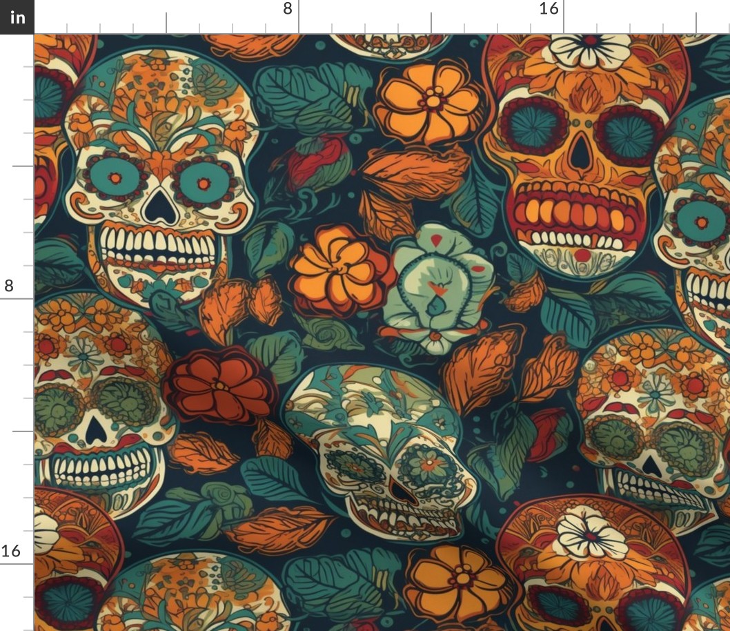 orange and teal sugar skulls 