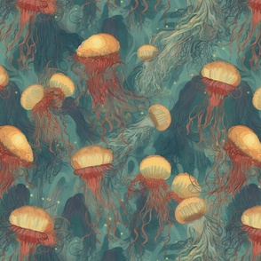 Jellyfish play under the sea inspired by the work of Vincent Van Gogh
