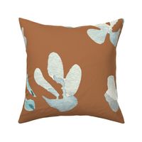 Jumbo watercolor floral in blue and orange on dark brown, arctic winter floral for home decor, wallpaper and bedding