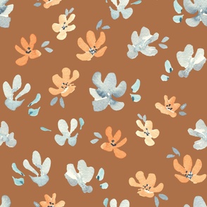 Jumbo watercolor floral in blue and orange on dark brown, arctic winter floral for home decor, wallpaper and bedding