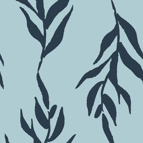 Jumbo hand painted foliage, navy on blue leaf vine for winter bedding, home decor and wallpaper