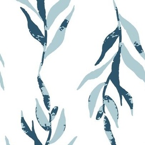 Jumbo hand painted foliage, blue on white  leaf vine for winter bedding, home decor and wallpaper