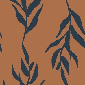 Jumbo hand painted foliage, brown and navy leaf vine for winter bedding, home decor and wallpaper