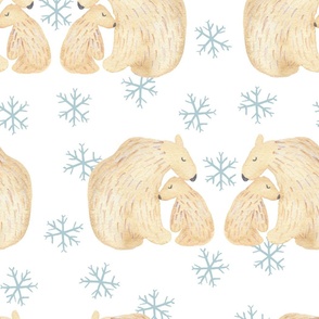 Jumbo watercolor cute polar bears on white with blue snowflakes for nursery wallpaper and kids bedding