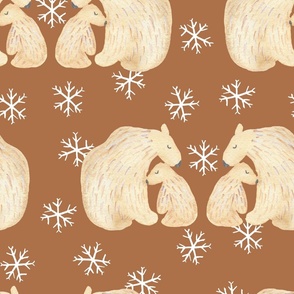 Jumbo watercolor cute polar bears on brown with snowflakes for nursery wallpaper and kids bedding