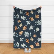 Jumbo watercolor floral in blue and orange on dark blue, arctic winter floral for home decor, wallpaper and bedding