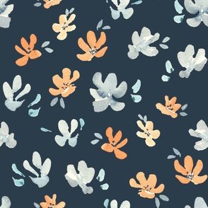 Jumbo watercolor floral in blue and orange on dark blue, arctic winter floral for home decor, wallpaper and bedding