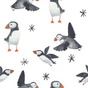 Jumbo Watercolor puffins on white with snowflakes, for wallpaper and kids bedding