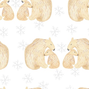 Jumbo watercolor cute polar bears on white with tonal snowflakes for nursery wallpaper and kids bedding