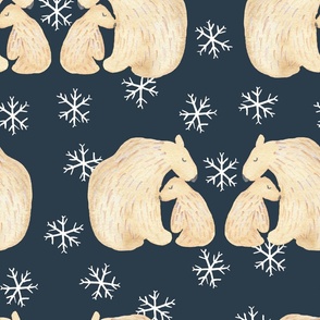 Jumbo watercolor cute polar bears on dark blue with snowflakes for nursery wallpaper and kids bedding