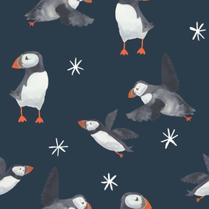 Jumbo Watercolor puffins on dark blue with snowflakes, for wallpaper and kids bedding