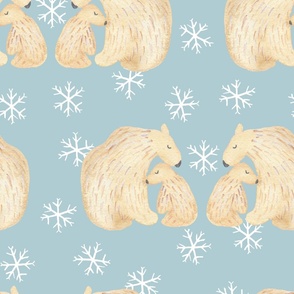 Jumbo watercolor cute polar bears on light blue with snowflakes for nursery wallpaper and kids bedding