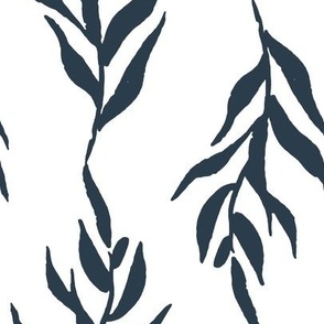 Jumbo hand painted foliage, navy on white leaf vine for winter bedding, home decor and wallpaper