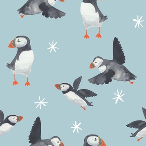 Jumbo Watercolor puffins on light blue with snowflakes, for wallpaper and kids bedding