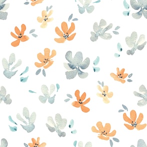 Jumbo watercolor floral in blue and orange on white, arctic winter floral for home decor, wallpaper and bedding
