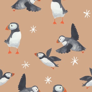 Jumbo Watercolor puffins on light brown with snowflakes, for wallpaper and kids bedding