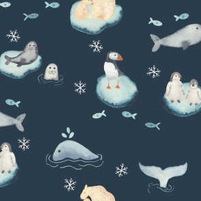 Jumbo watercolor Arctic animals on ice bergs featuring polar bears, puffins, penguins, seals and a narwhal, dark blue for kids wallpaper and bedding