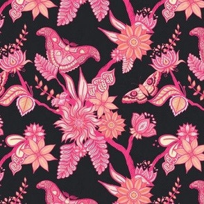 Pink Trailing Branches Indian Floral with Moths Charcoal