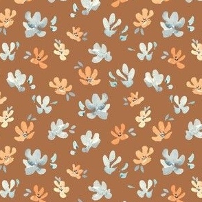 Medium blue and orange watercolor floral on brown, ditsy winter floral for kids apparel 4"