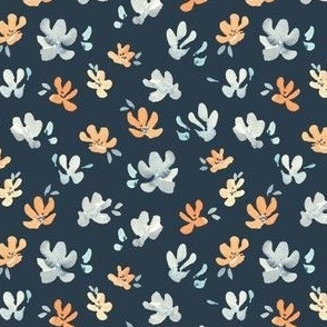 Medium blue and orange watercolor floral on deep blue, ditsy winter floral for kids apparel 4" navy
