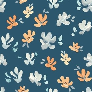 Medium blue and orange watercolor floral on arctic blue, ditsy winter floral for kids apparel 4" teal