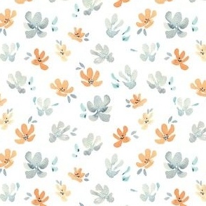 Medium blue and orange watercolor floral on white, ditsy winter floral for kids apparel 4"