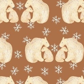 Medium polar bears on tundra brown with white snowflakes, cute arctic animals for kids apparel, 2 inch bear