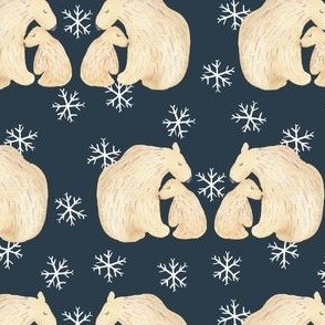 Medium polar bears on deep navy blue with white snowflakes, cute arctic animals for kids apparel, 2 inch bear