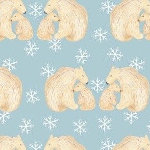 Medium polar bears on pastel blue with white snowflakes, cute arctic animals for kids apparel, 2 inch bear