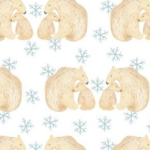 Medium polar bears on white with blue snowflakes, cute arctic animals for kids apparel, 2 inch bear